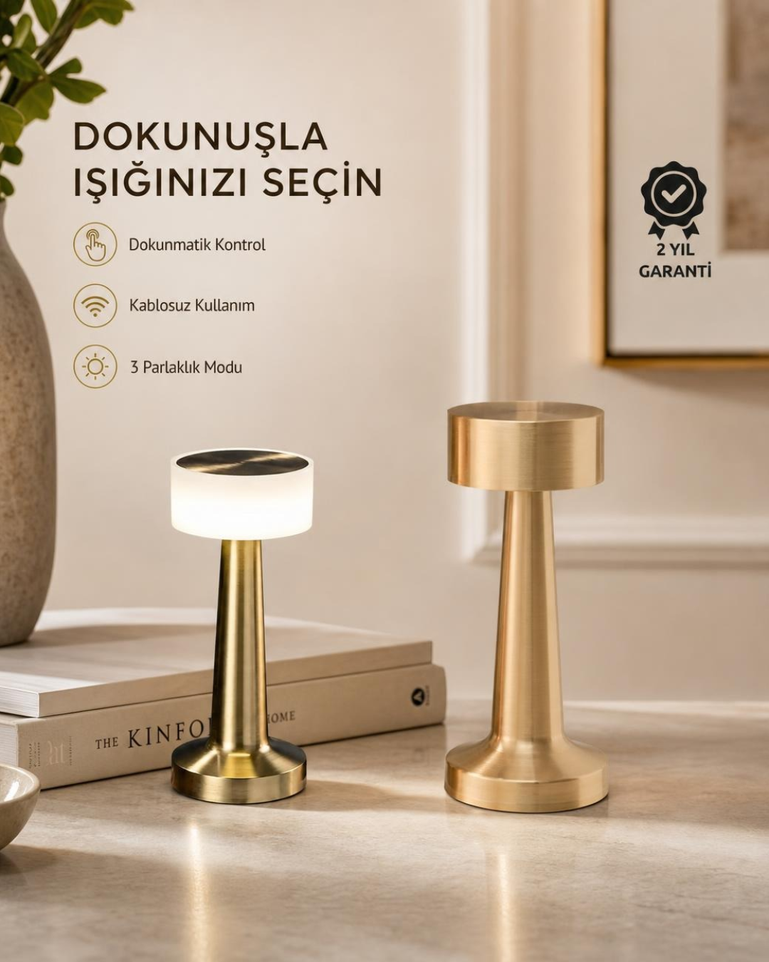 Touch Gece Lambası Dokunmatik Kontrol, Kablosuz Kullanım, Metal Gövde